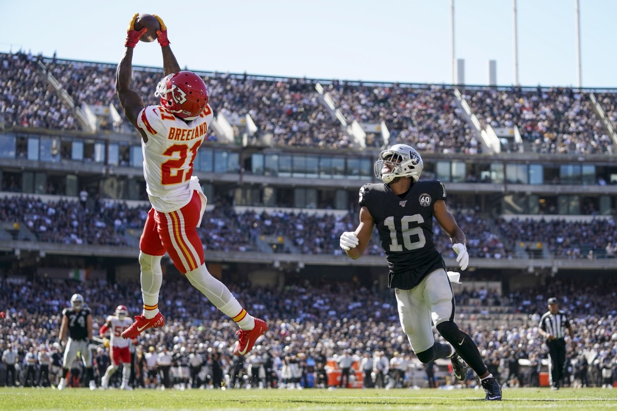 September 15, 2019; Chiefs cornerback Bashaud Breeland (21) intercepts the football against Oakland receiver Tyrell Williams (16). Mandatory Credit: Kyle Terada-USA TODAY
